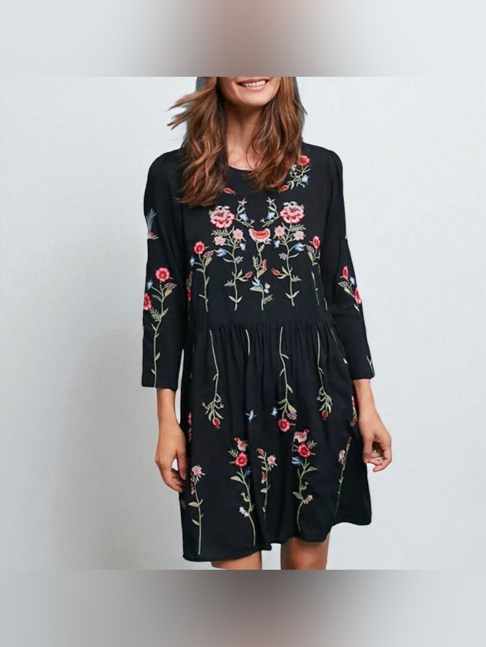 Maeve Black Long-Sleeve Floral Embroidered Dress Sz XS